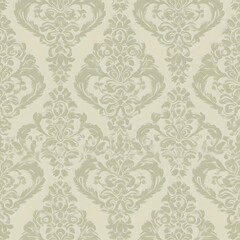 Elegant Beige and Olive Green Damask Pattern with Ornate Floral Motifs