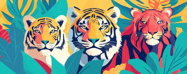Three colorful tigers amidst vibrant jungle foliage - vector.