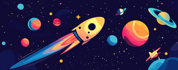 Naklejka premium Colorful spaceship traveling through outer space with planets and stars - vector.
