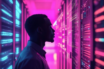 Data processing diagram viewed by biracial male in modern server room with neon lighting at dusk, data processing and diagram over biracial male worker in server room