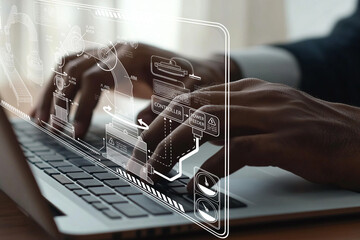 Digital Interaction with Virtual Technology Concept, Hands Typing on Laptop, Futuristic Interface Overlaid on Keyboard, Modern Workspace Environment