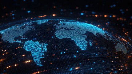 Futuristic Earth Map with Glowing Data Points in Cyberpunk Style and Dynamic Technology Visualization