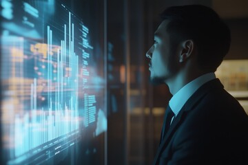 Fototapeta premium Holographic Data Analytics - Futuristic Business Intelligence Visualization | 4K Corporate Tech Photography with AR Interface