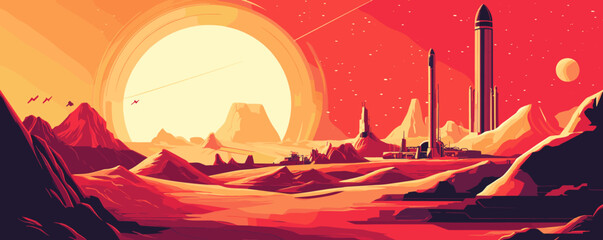 Futuristic mars colony with rockets and alien landscape under bright sun - vector.