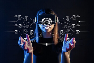 Woman using virtual reality headset interacting with digital data connections and artificial...