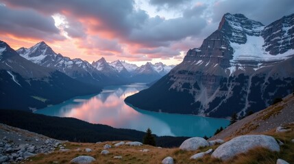 Obraz premium A professional photo of Swiss National Park (Engadin) during dawn, with cloudy skies and soft morning light, captured from a normal perspective with lush greenery.