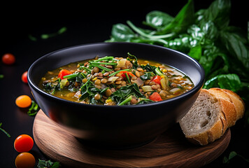 Warm and Nutritious Collard Greens and Lentil Soup in a White Bowl