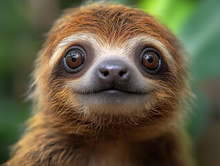 A charming sloth relaxing on a tree, captured in a stunning close-up. This adorable creature embodies tranquility and the slow pace of the rainforest.