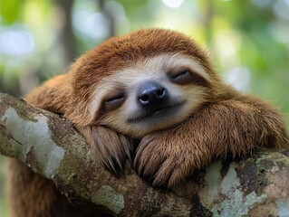 A charming sloth relaxing on a tree, captured in a stunning close-up. This adorable creature embodies tranquility and the slow pace of the rainforest.