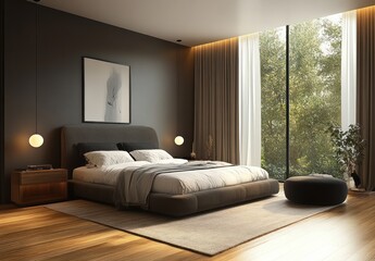 Modern Minimalist Bedroom Interior with Neutral Tones and Natural Lighting