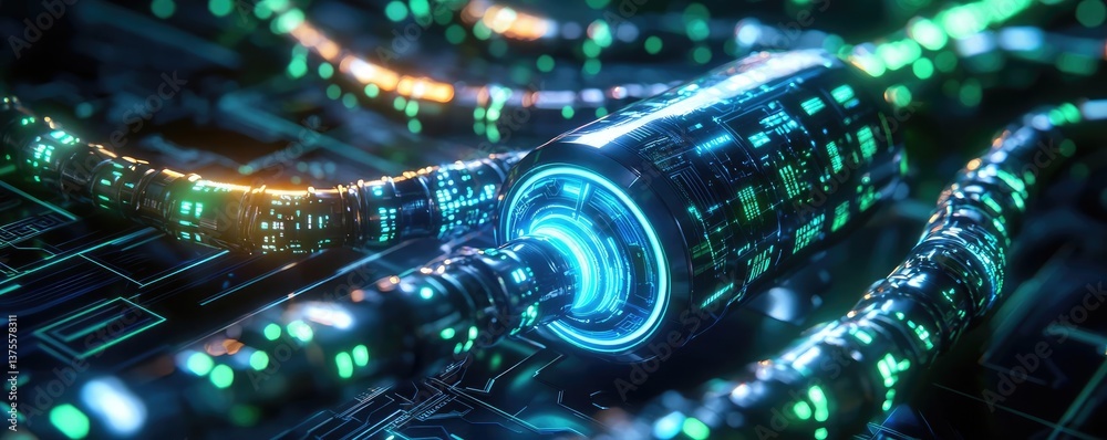 Poster cyberpunk biotech with sci-fi high-tech plants concept. futuristic data cables illuminated in a vibr