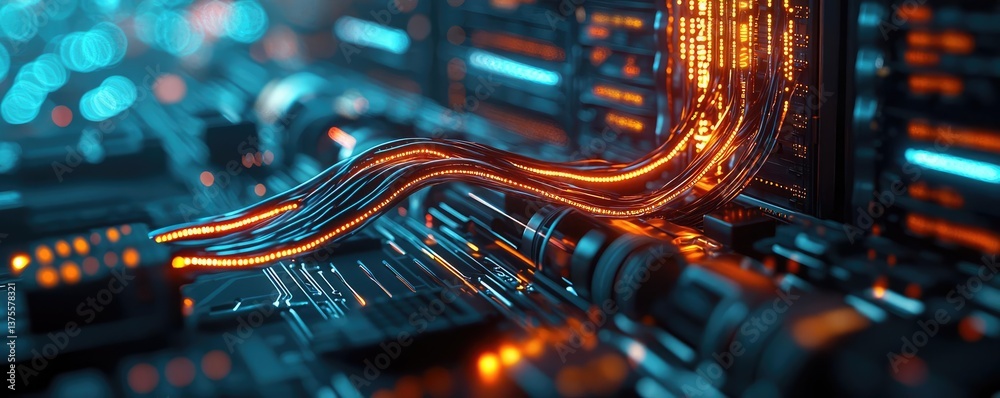 Poster cyberpunk biotech with digital plants innovation concept. futuristic circuit board with glowing wire