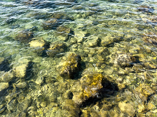 underwater rocks with golden and green tones under crystal clear sea water with sunlight pattern. natural texture. rocky sea bottom