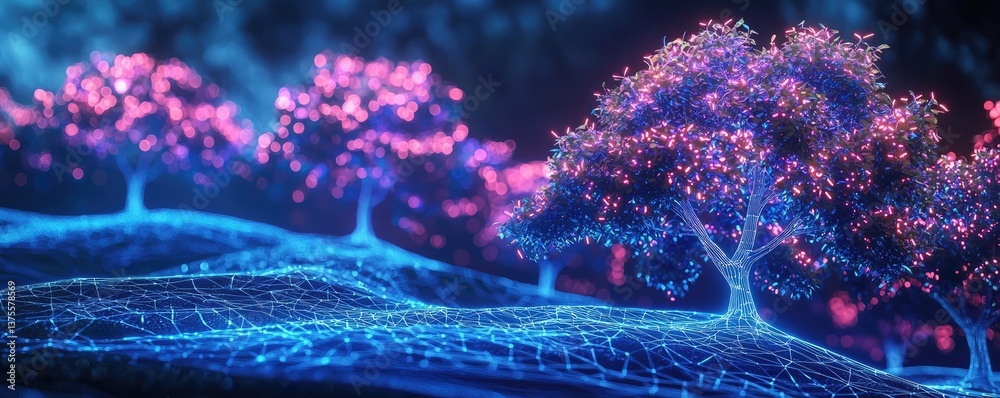 Poster cyberpunk biotech with high-tech futuristic plants concept. a surreal digital landscape featuring gl