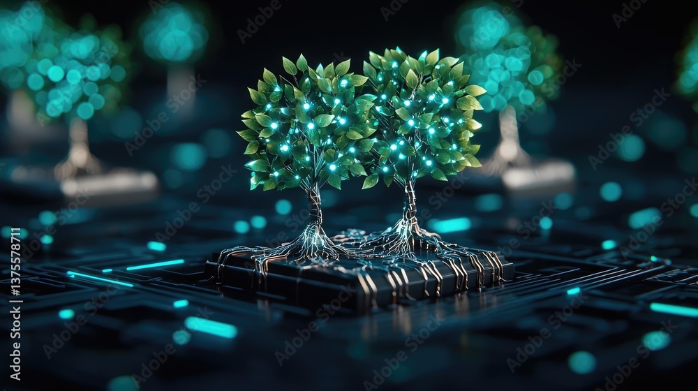 Poster Cyberpunk biotech with digital plants innovation concept. A futuristic representation of trees growing on a microchip.