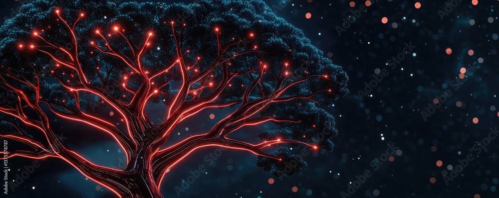 Aufkleber cyberpunk biotech with sci-fi high-tech plants concept. a mystical glowing tree under a starry night