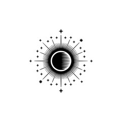 Celestial Sun and Moon Silhouette, Minimalist Starburst Design