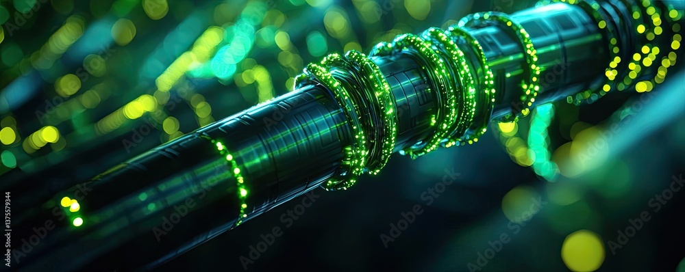 Poster cyberpunk biotech with high-tech futuristic plants concept. close-up view of glowing green circuit c