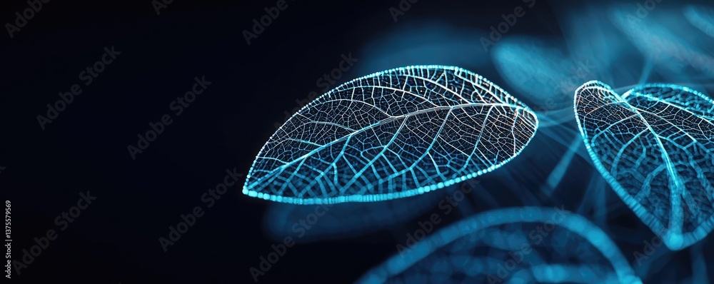Poster cyberpunk biotech with digital plants innovation concept. close-up of glowing blue leaves with intri