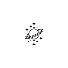 Minimalist Planet and Stars Icon, Black and White, Space Design