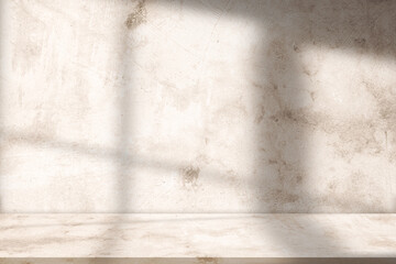 Studio Background,Brown Concrete wall texture with shadow, light on empty floor podium for Platform product display,Kitchen interior room and abstract light reflection from window in spring, summer