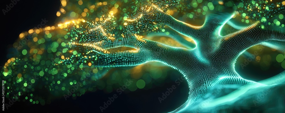 Poster cyberpunk biotech with sci-fi high-tech plants concept. a glowing tree illuminated with vibrant gree