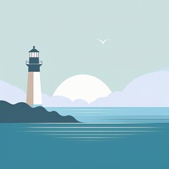 minimalism, abstract illustration of a lighthouse and the sea