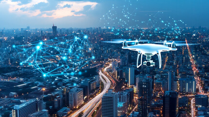 Naklejka premium Drones equipped with AI assist in surveillance, agriculture, and disaster relief operations.
