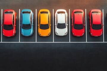 Minimalist Aerial View of Brightly Colored Cars in Modern Parking Lot