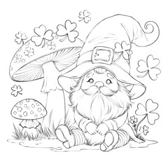 Adorable leprechaun sitting by mushrooms and shamrocks in a whimsical forest scene, ideal for St. Patrick’s Day and fantasy-themed art.