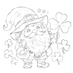 Cheerful leprechaun holding a large shamrock, surrounded by clovers, perfect for whimsical St. Patrick’s Day and Irish folklore themes.