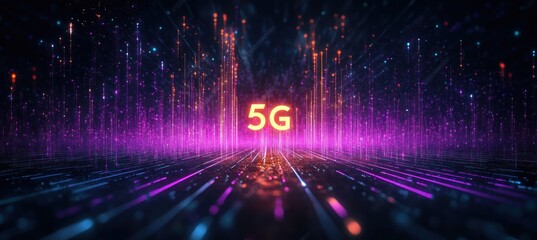 Futuristic Abstract 5G Digital Art with Neon Lines and Ambient Lighting for New Generation Mobile Networks