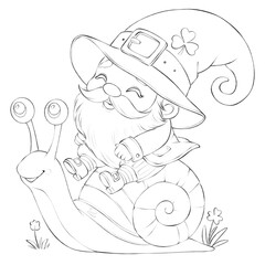 Whimsical leprechaun riding a smiling snail, surrounded by clovers—perfect for fantasy, St. Patrick’s Day, and magical woodland themes.