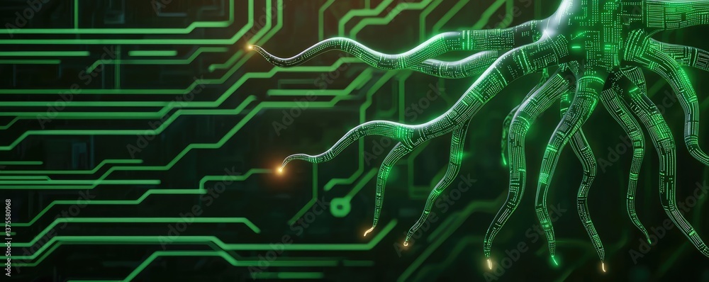 Poster Cyberpunk biotech with digital plants innovation concept. Abstract green circuit design with an octopus-like structure.