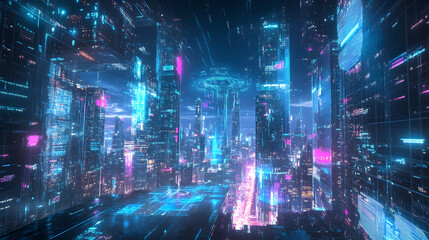 A futuristic cityscape pulsates with vibrant neon lights and digital energy, a breathtaking nocturnal view of towering structures glowing with ethereal brilliance.