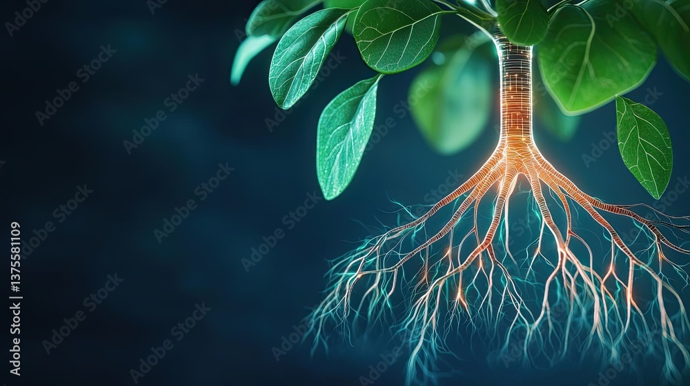 Poster cyberpunk biotech with sci-fi high-tech plants concept. a digitally enhanced tree illustrating roots