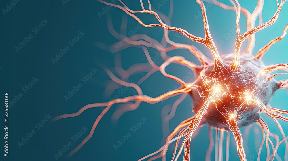 Poster Cyberpunk biotech with sci-fi high-tech plants concept. Close-up of a neuron with intricate details and glowing connections.
