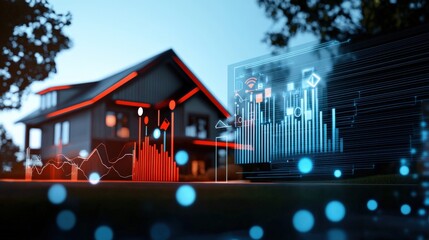 Data visualization enhancing smart home technology modern suburban neighborhood digital infographic evening ambiance aesthetic perspective