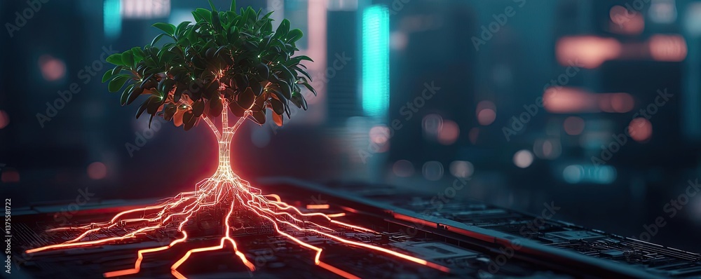 Poster cyberpunk biotech with high-tech futuristic plants concept. a glowing tree emerging from a high-tech