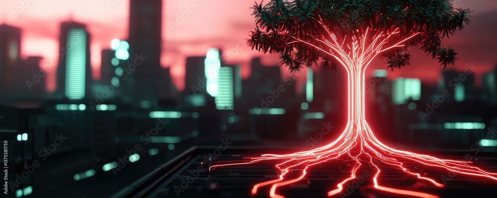 Poster cyberpunk biotech with high-tech futuristic plants concept. a glowing tree rooted in a futuristic ci