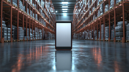Smartphone Display in Modern Warehouse Aisle
