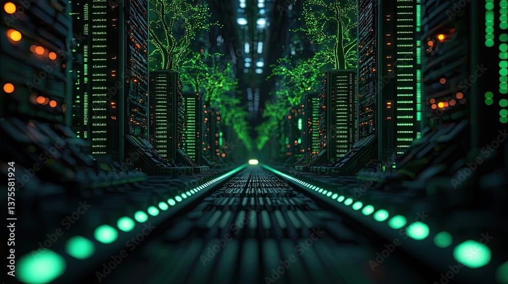 Poster cyberpunk biotech with sci-fi high-tech plants concept. futuristic data center with glowing green ac