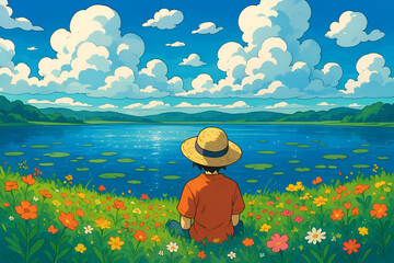 Anime Character Watching a Lake from a Flower Field – Tranquil Nature Scene with Whimsical Clouds, Vibrant Colors, and Serene Atmosphere in a Hand-Painted Style Illustration