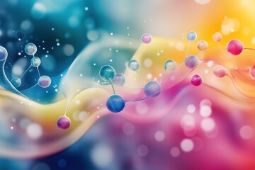 Molecules moving over a vibrant, wavy background in a dynamic interplay of colors and forms, molecules moving over waving multi coloured background