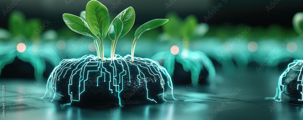 Aufkleber cyberpunk biotech with digital plants innovation concept. futuristic plants with glowing roots symbo