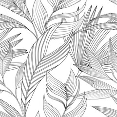 Black and white jungl seamless pattern with palm leaves.