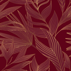 Gold line art background. Palm leaves shiny romantic seamless pattern.