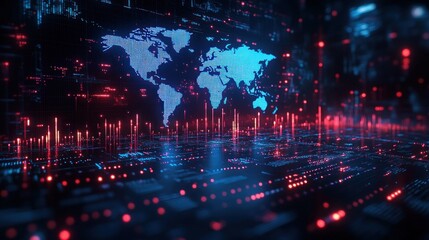 Futuristic World Map with Digital Indicators and Financial Graphs in Cyberpunk Style