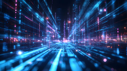 A breathtaking digital cityscape at night, glowing with vibrant blue and pink data streams, creating a futuristic and dynamic scene.