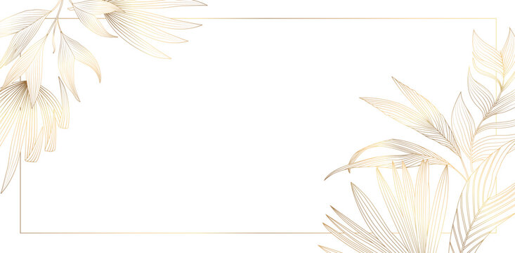 Gold Palm leaves, line art border frame. Bright shiny golden gradient light reflection on white background. Vector design illustration.
